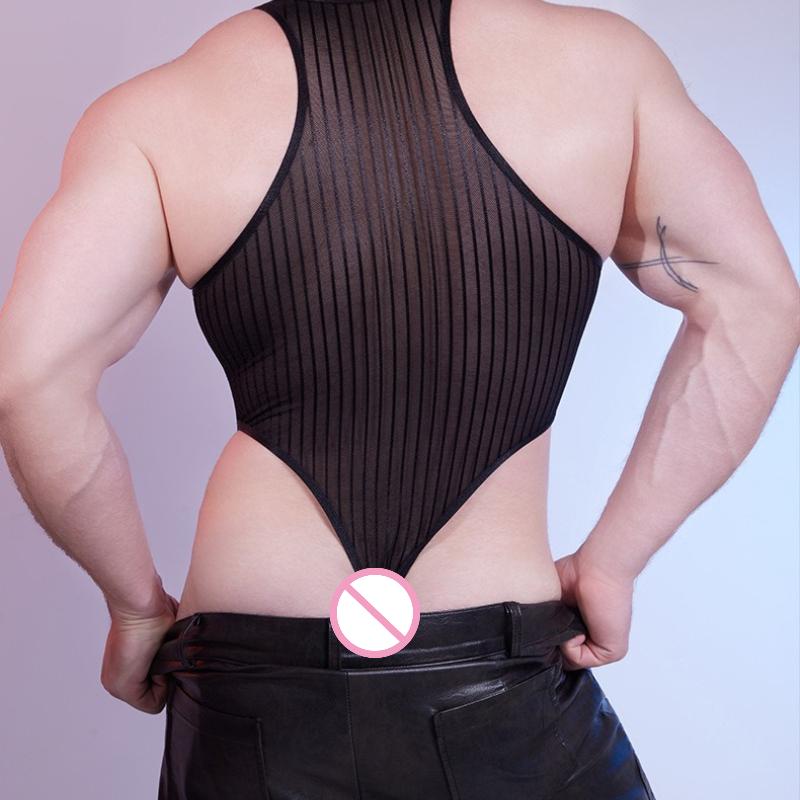Men Sexy Bodysuit Ultra-Thin High Elastic Stripe See-Through Underwear Breathable Sleeveless Singletss Bodybuilding Bodysuits