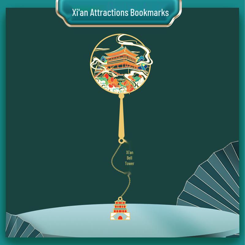 Xi an Souvenir Metal Bookmark: Big Wild Goose Pagoda, Bell Tower & Furong Garden Engraving