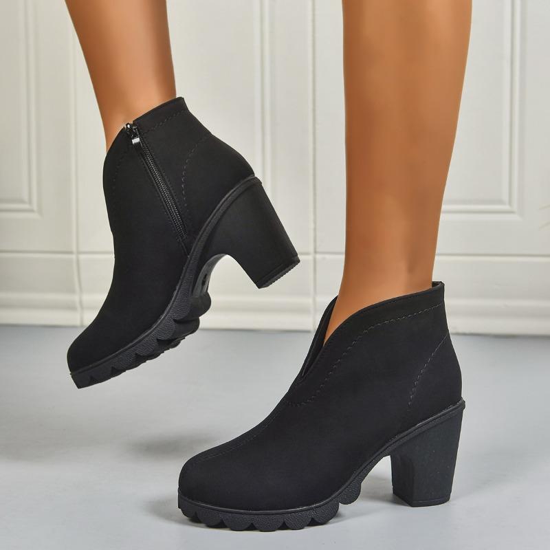 2025 Winter Side Zipper High Heel Fashion Boots Women's New Plus Size Block Heel V-Mouth V-Mouth V-Mouth V-Boots