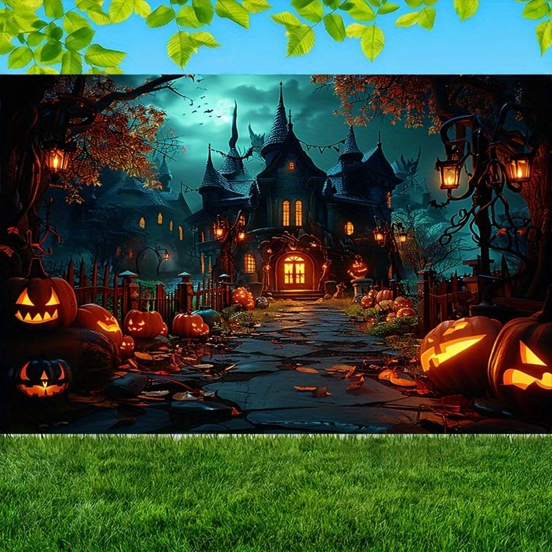 2D 2D Planar Halloween Polyester Background Banner | | | Demon House and Pumpkin Theme | Suitable for Parties and Decorations