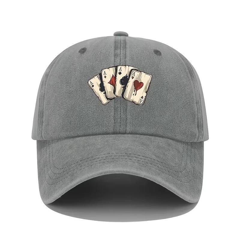 Vintage Poker Card Print Baseball Cap, Unisex Adjustable Washed Denim Hat, Lightweight Polyester Sun Protection Cap with Toggle Adjustable