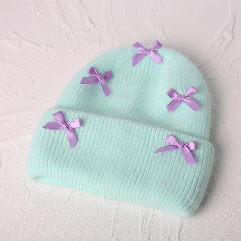 New Angora Rabbit Fur Bow Winter Hat For Women Knitted Fluffy Beanie Ladies Fashion Warm Plush Skull Womens Thick Fleece Hat Y2K