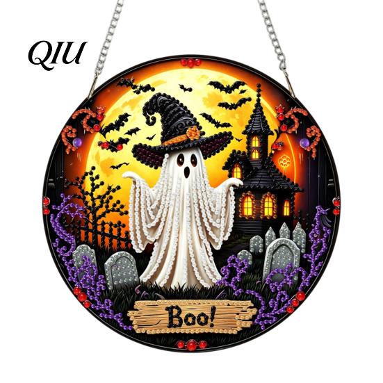 Dekorative Halloween-Wandkunst Schwarze Katze Mond Strass-Malset, Facettierte Kunstkristall-Hänge-Dekoration, DIY-Anhänger Bastel-Fensterdeko für