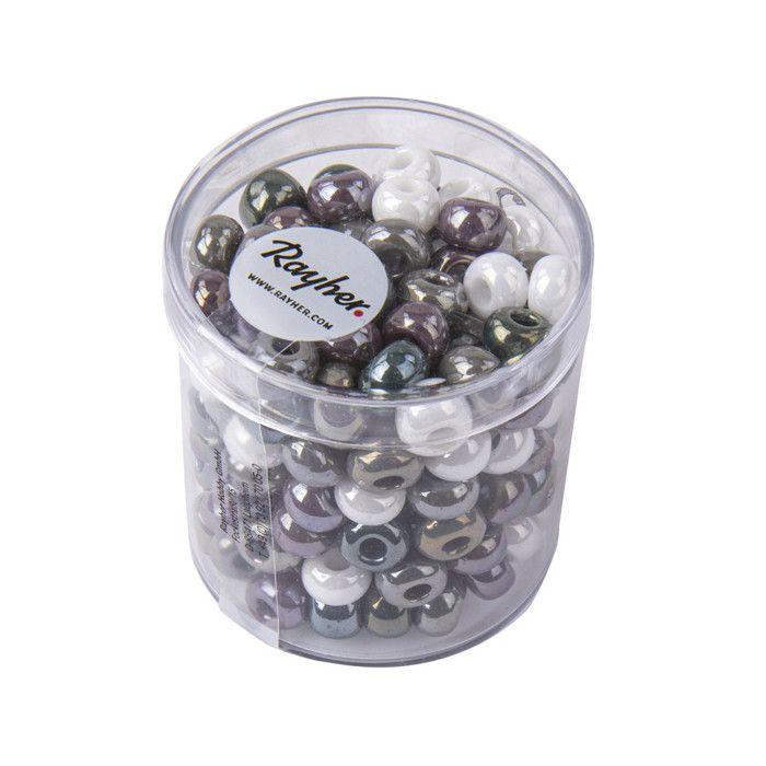 Perle à grand trou en verre, opaque, grise,lilas,blanche, ø 6,7mm, boîte 55 g