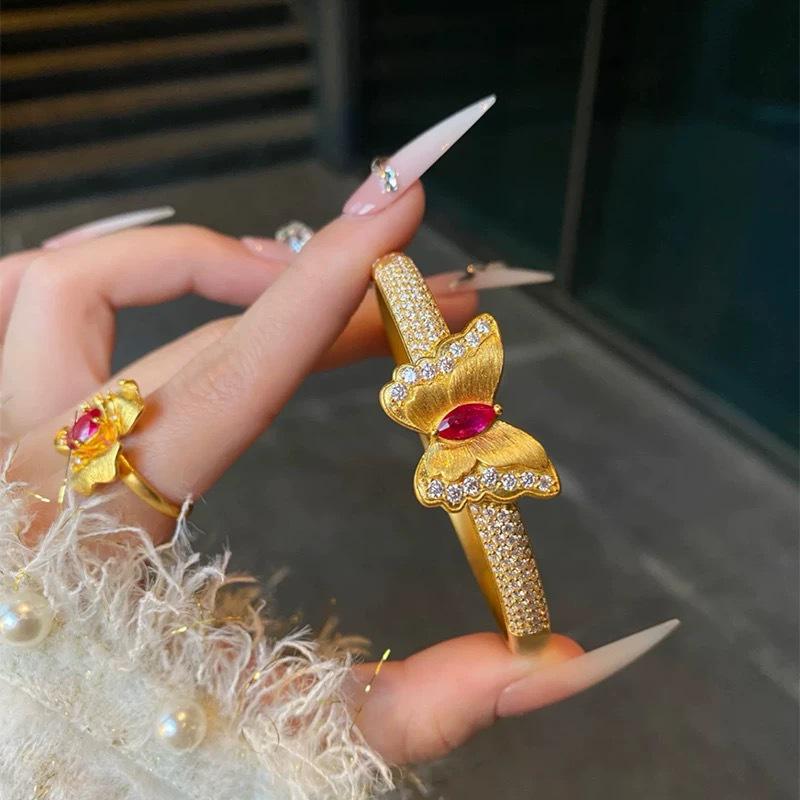 Gold-Plated Ruby Diamond Butterfly Bangle Bracelet - Women's Luxury Fashion Jewelry