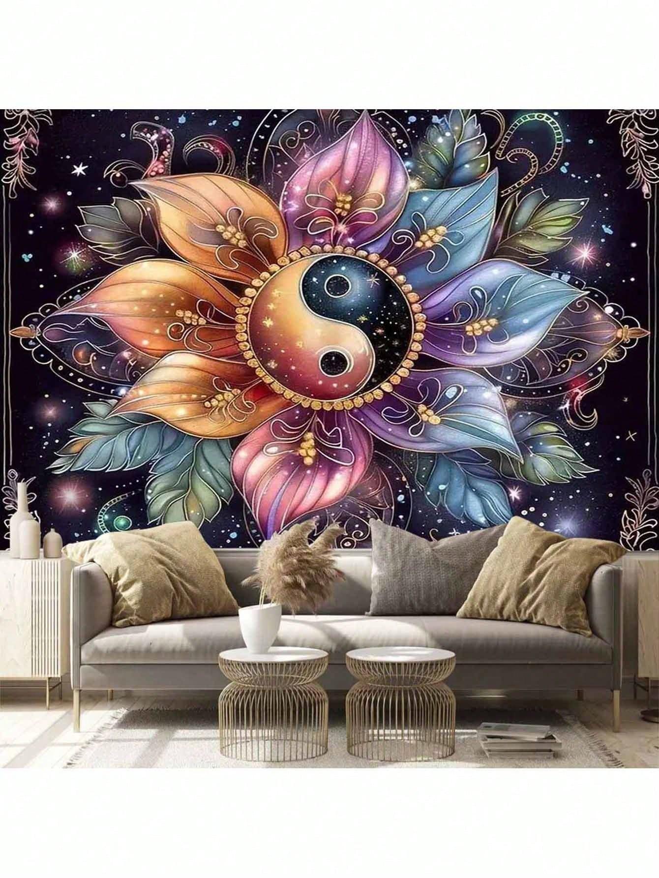 

Yin Yang Flower Tapestry Single Print Cosmic Home Accessory Vibrant Boho Decorative Attractive Living Room Bedroom Use Tapestry 74x94cm(29x37in)