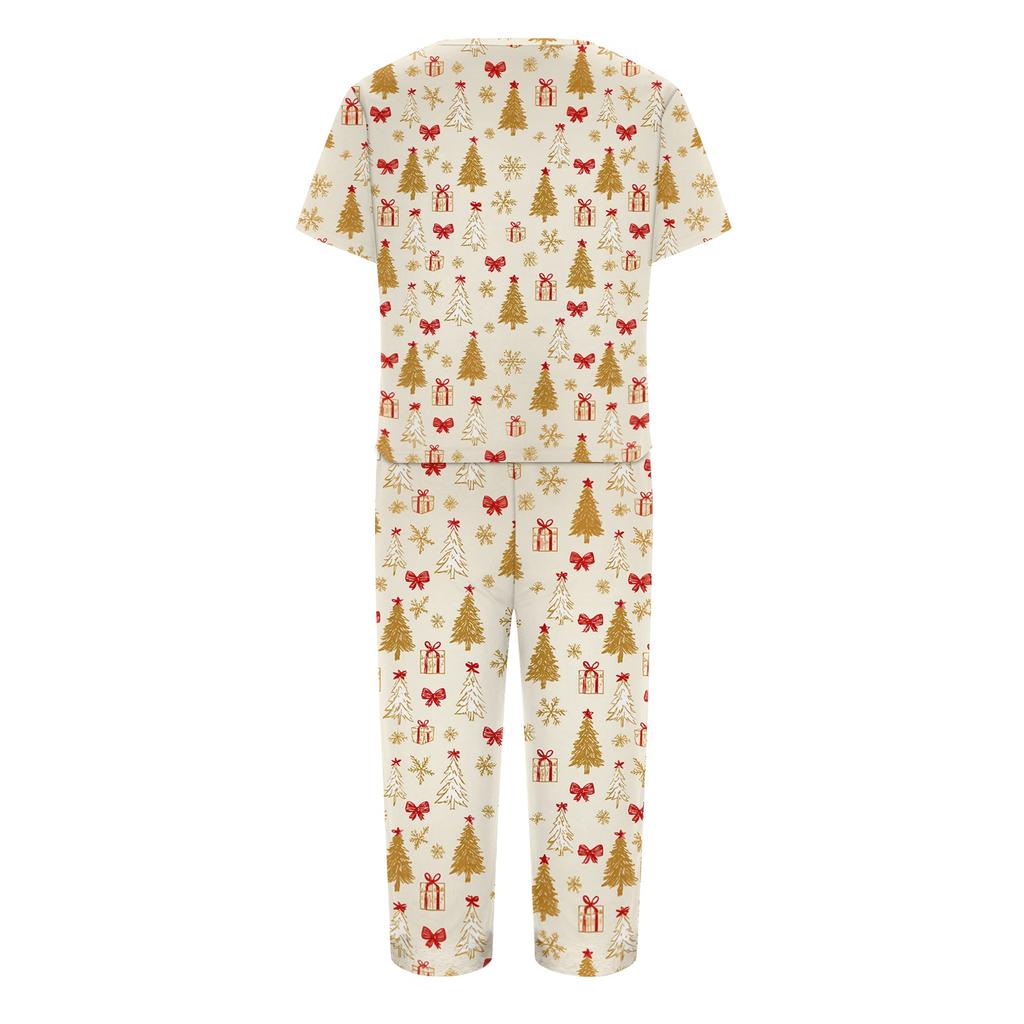 Women's Casual Two Piece Outfit Set Christmas Print Short Sleeve Pants