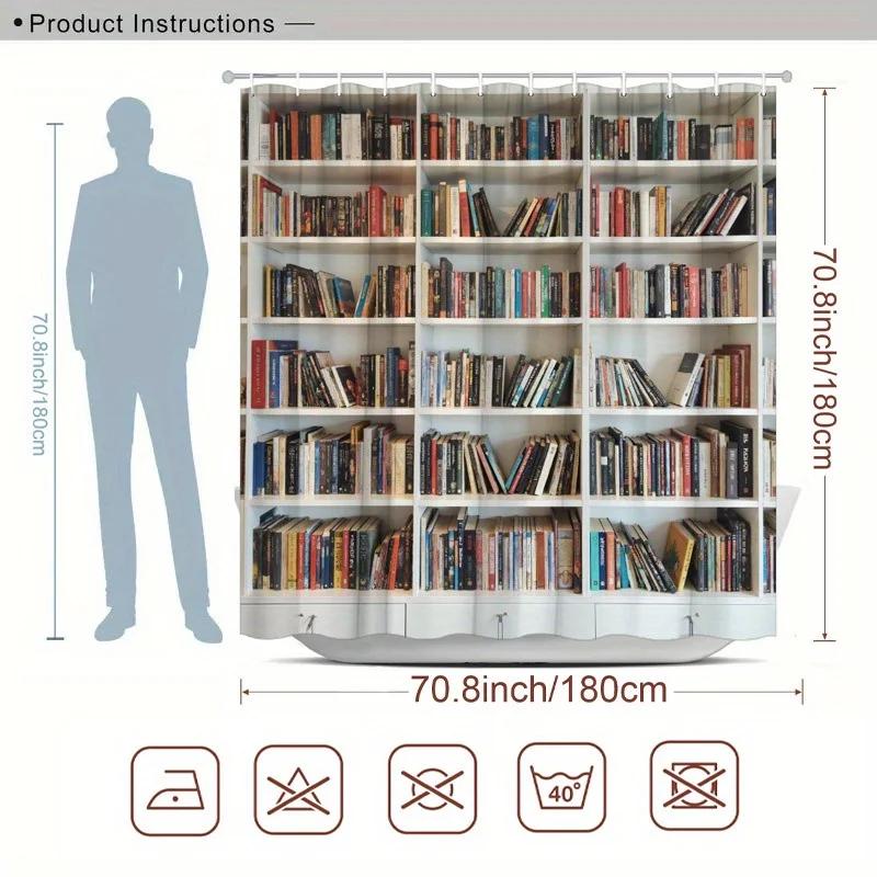 1pc Stylish Bookshelf Shower Curtain - Minimalist Library Design, Vibrant Spines, Polyester, 12 Hooks, Washable