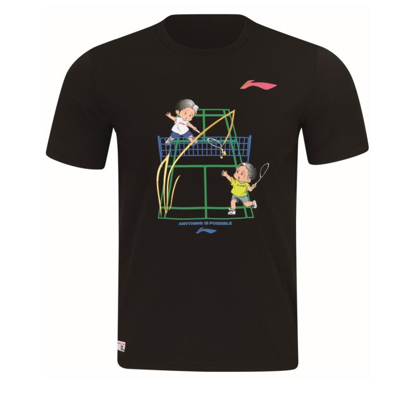 Li Ning Badminton Serie Schnelltrocknend Kühl Rundhals Logo Buchstabe Partner T-Shirt Unisex Oberteile Schwarz AHSW109-1