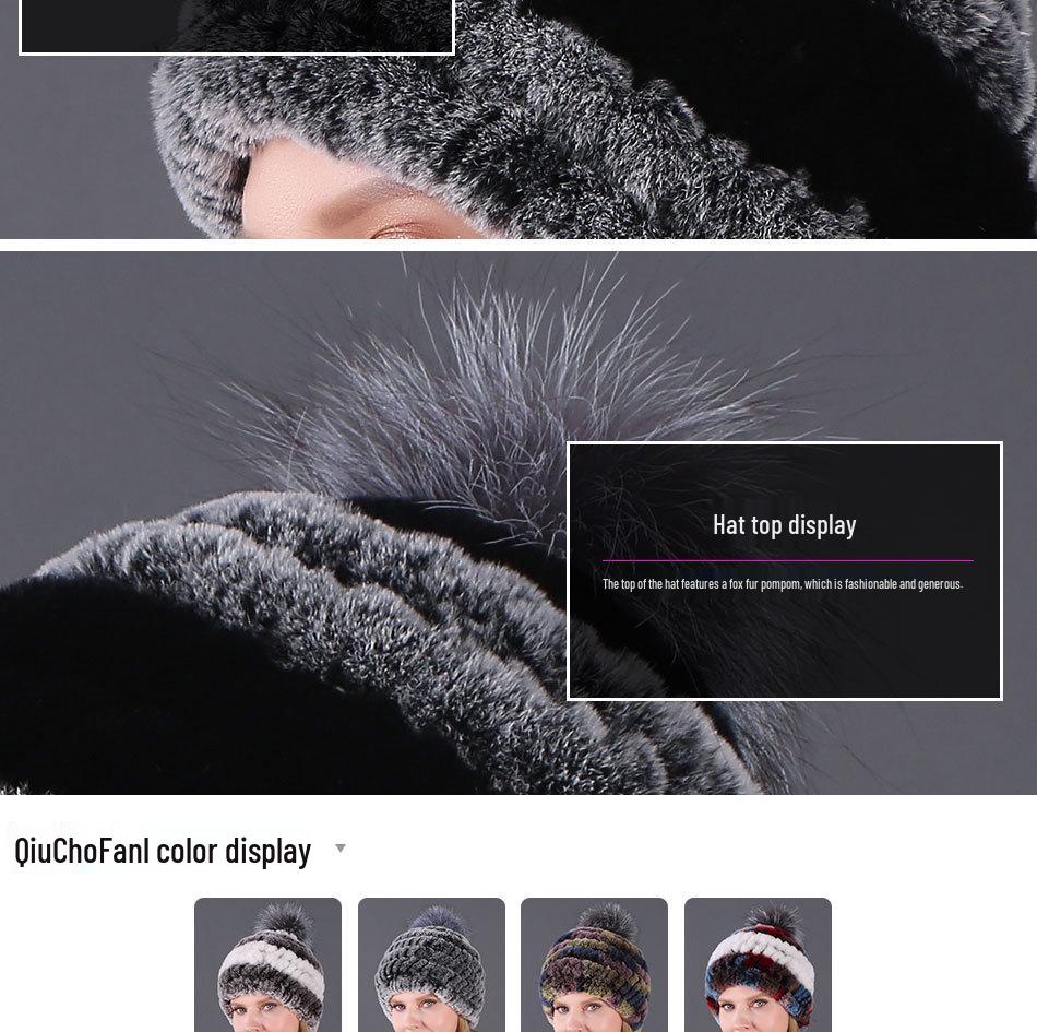 Women's Fur Hat with Rex Rabbit and Fox Fur Pompon for Autumn and Winter
