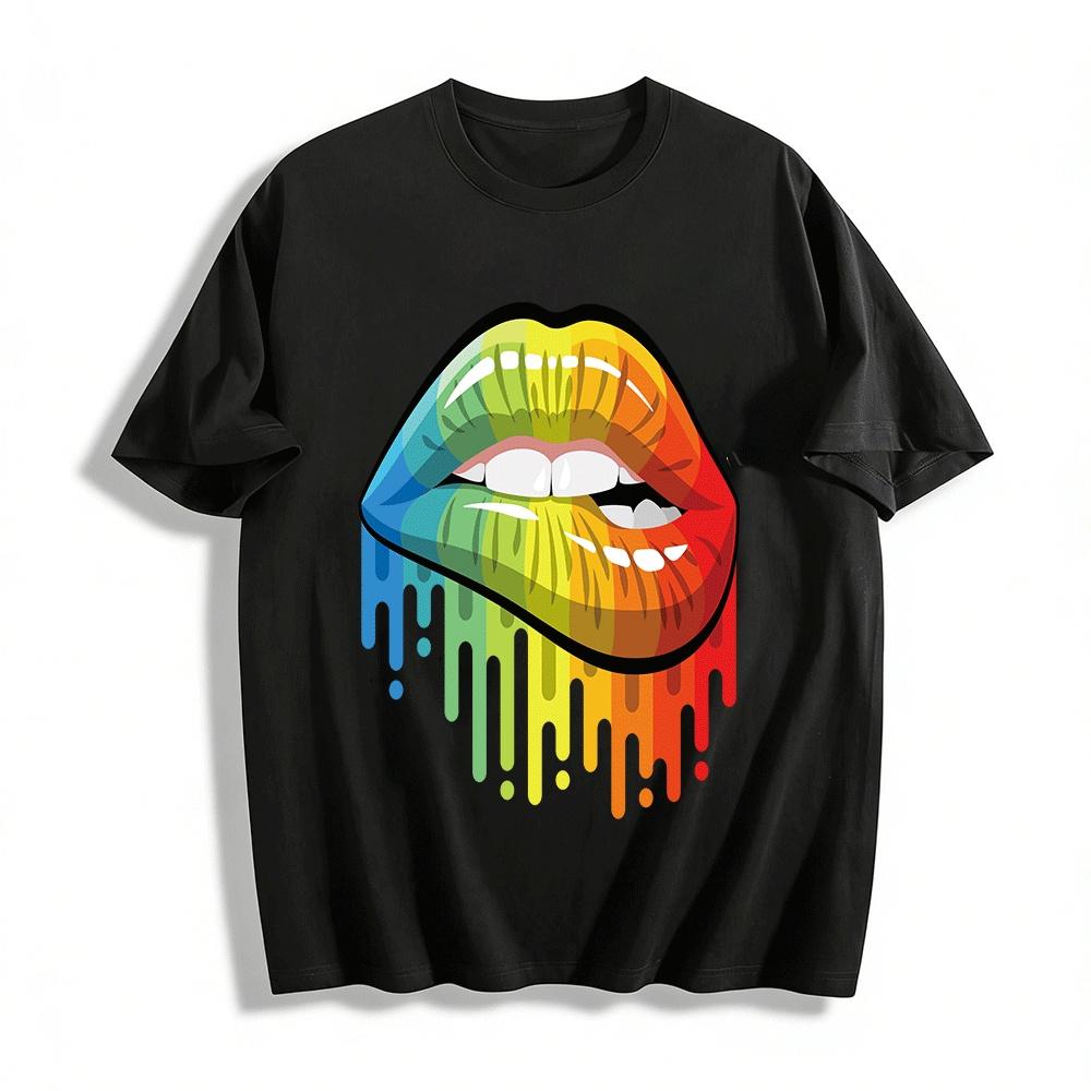 Rainbow Dripping Lip Print Trendy Casual Short Sleeve T-Shirt Pure cotton T-shirt XXS