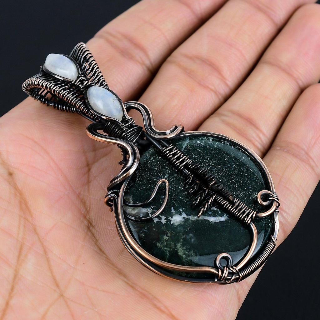 Bloodstone & Moonstone 999 Copper Wire Wrapped Pendant Handmade Gemstone Jewelry, Gifts For Wife Brand New Pendant