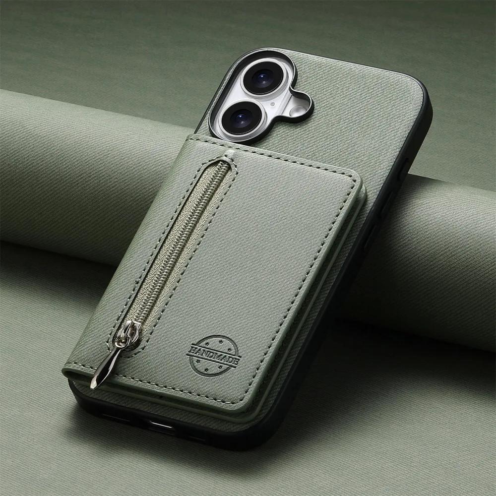 Zipper Wallet Card Holder RFID-blocking Magnetic Phone Case for iPhone 16 E 16 Pro Max 15 14 Plus 13 12 11 Bracket Stand Cover