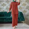 Muslim Women's Spring/Summer Ethnic Long Sleeve Shirt & Pants Set, Turn-Down Collar with Flap Pockets, Comfortable Fit.