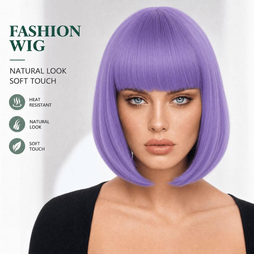European & American Women's Bob Cut Wigs with Bangs - Short, Colored, Anime-Inspired Headwear for Halloween