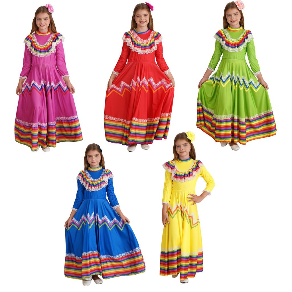 Kids Girls Mexican Traditional Jalisco Folk Dance Dress Halloween Costume with Flower Hair Clip
