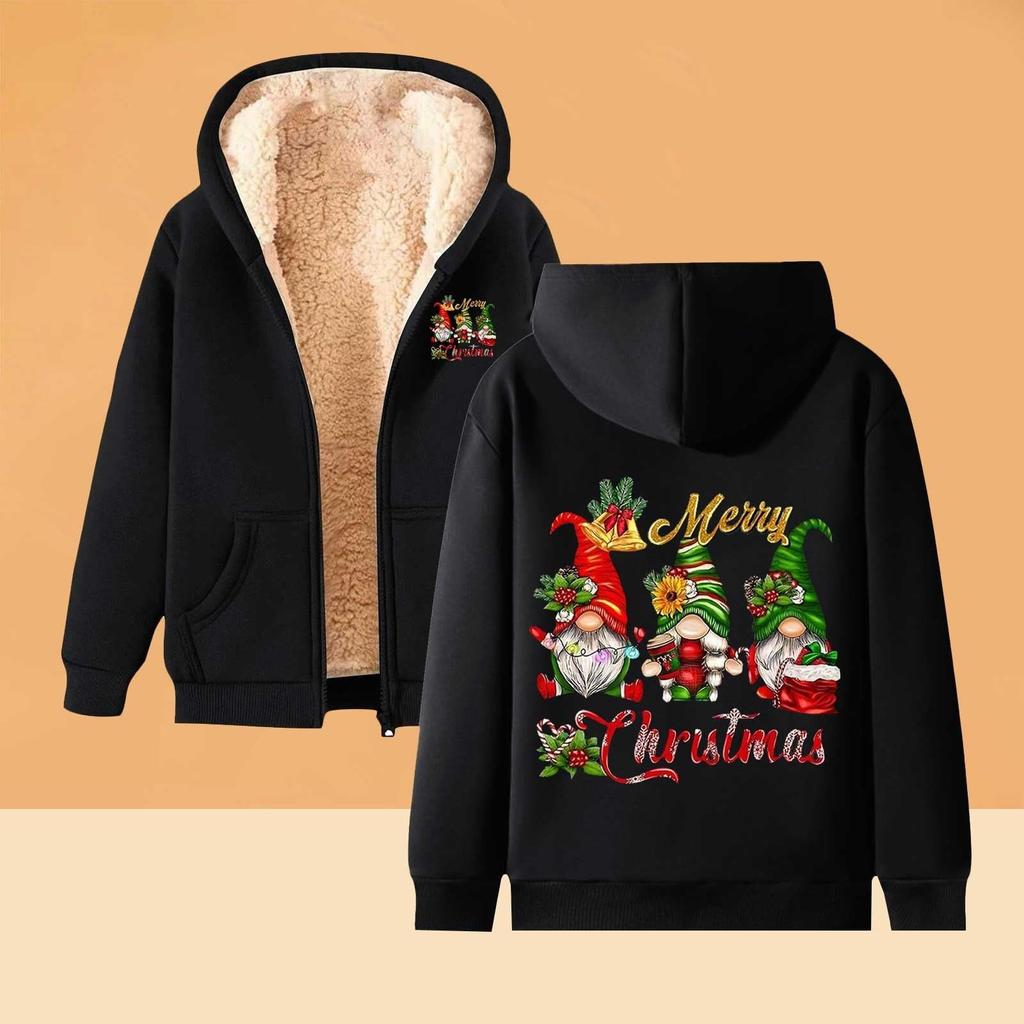 Women's Hooded Plush And Thick Warm Printed Loose Cardigan Jacket