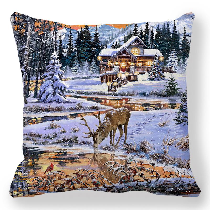 Šťastný Nový Rok 2023 Vánoční ozdoba Santa Elk Sofa Dekorativní povlak na polštář 45x45cm