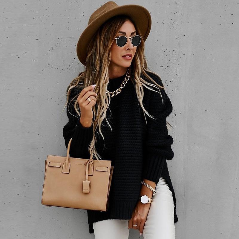 2025 Autumn/Winter Women's Chunky Knit Side-Slit Sweater: Semi-High Neck, Loose Fit, Solid Color, Long Sleeve.