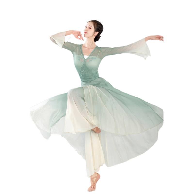 Elegantes chinesisches klassisches Tanzgaze-Kleid - Schlankmachendes Feenstil-Auftrittskostüm