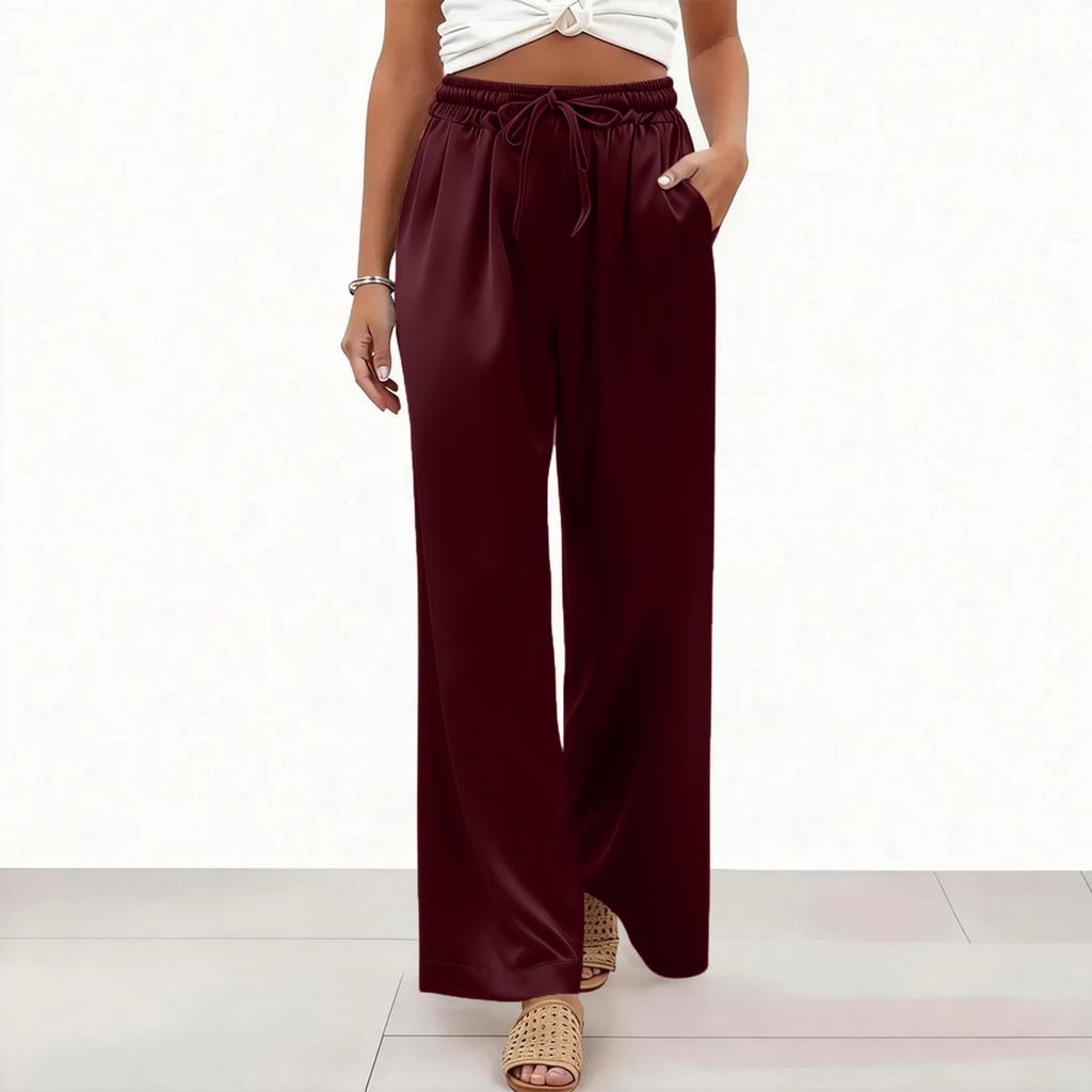 Women’s Wide Leg Satin Pants High Waist Drawstring Loose Fit Lightweight Trousers for Casual and Lounge Wear