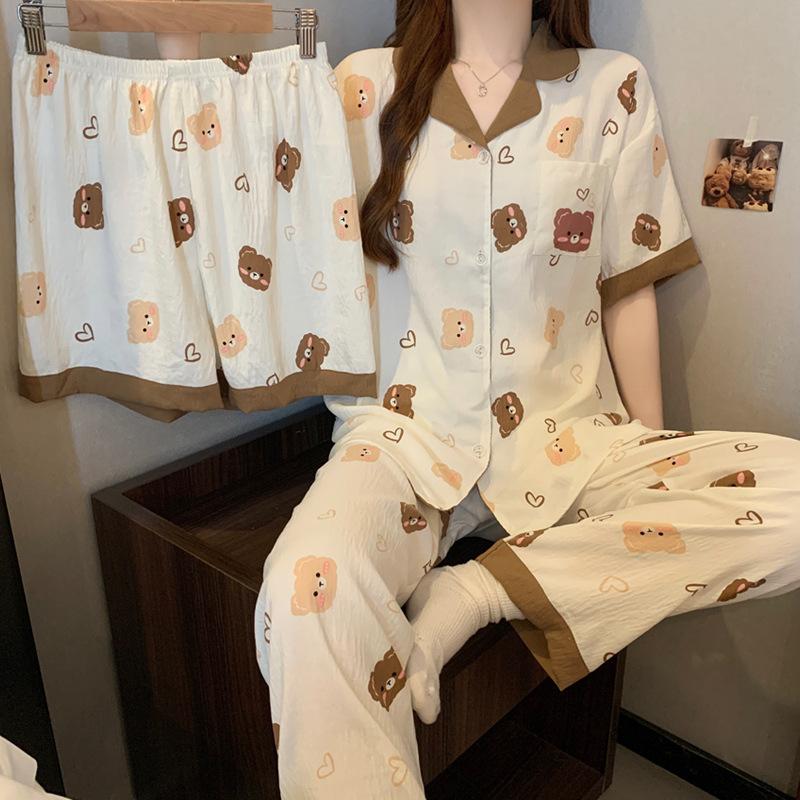 Bear Cartoon Cloud Cotton High Value Summer Women'S Loungewear Pajamas Short Sleeves Three-Piece Set