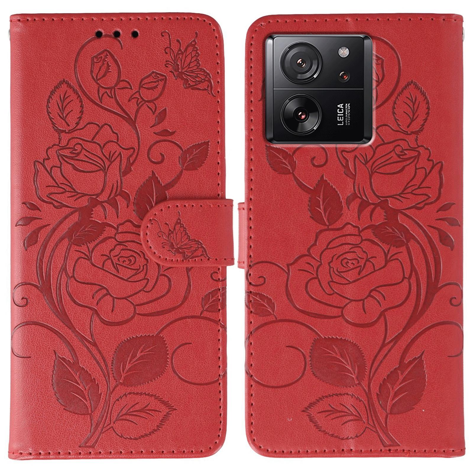 

Phone Case For Xiaomi 13T/13T Pro/Redmi K60 Ultra Wallet Stand Imprinted Rose Butterfly PU Leather Cover Red