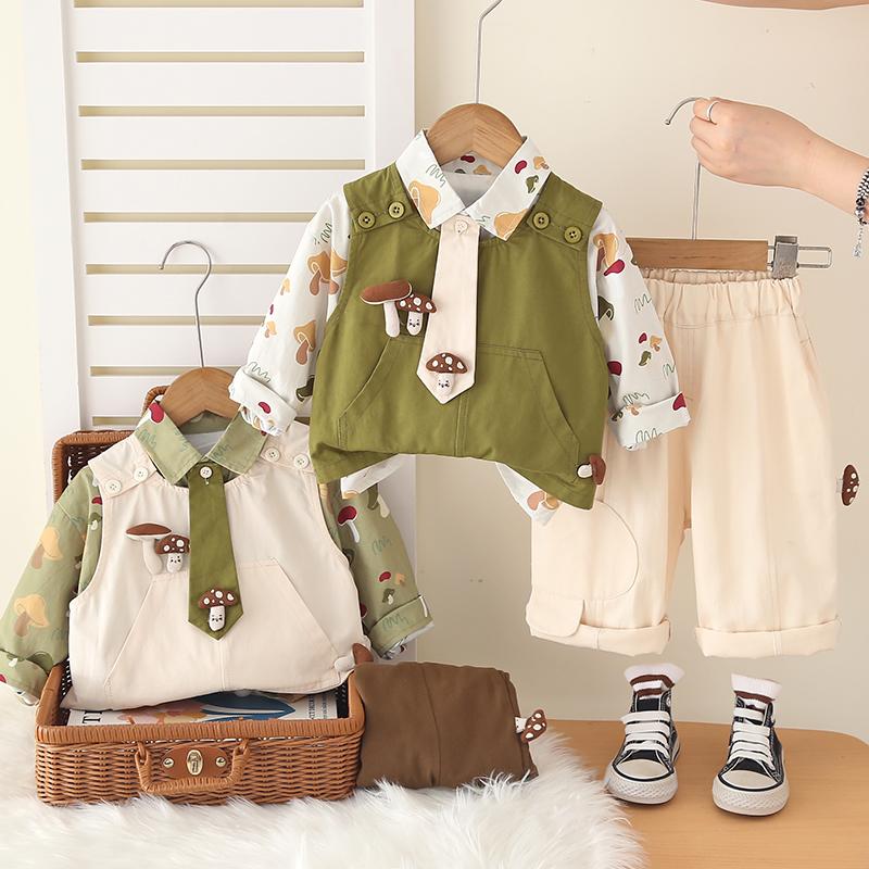 Boys' long sleeved three piece set, Cute vest for children aged 0-5, Collar tie shirt+casual pants set, High-quality clothes for babies