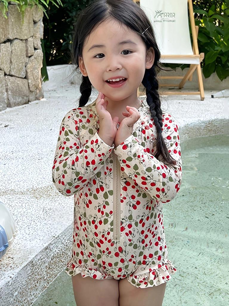 Dziewczęcy szybkoschnący strój kąpielowy z długim rękawem i filtrem przeciwsłonecznym w kwiaty - letni design księżniczki dla małych i średnich dzieci