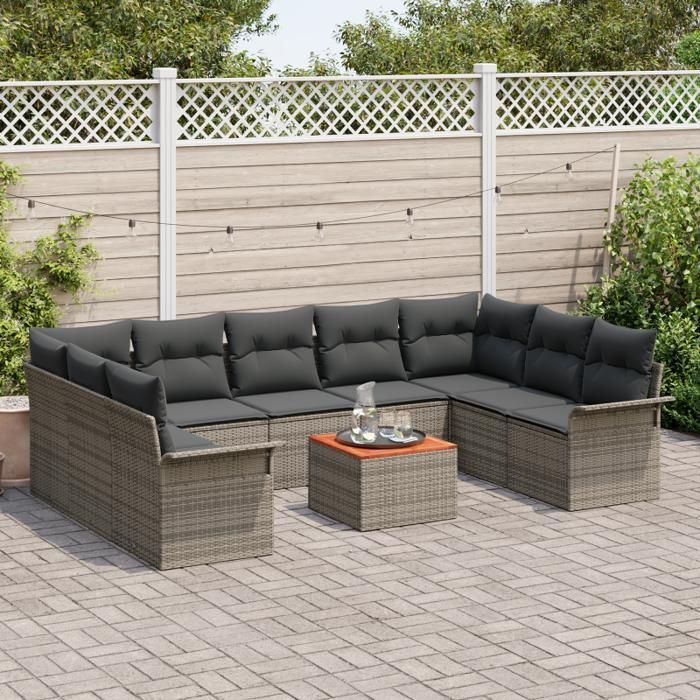 Ensemble de Canapés de Jardin 10 Pièces avec Coussins Gris Poly Rattan Acacia, Canapé de Jardin 2 Places avec Rangement 3356039