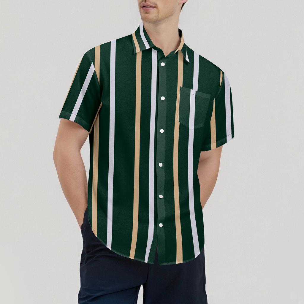 Striped Color Blocking Print - Men's Casual Short Sleeved Shirt
