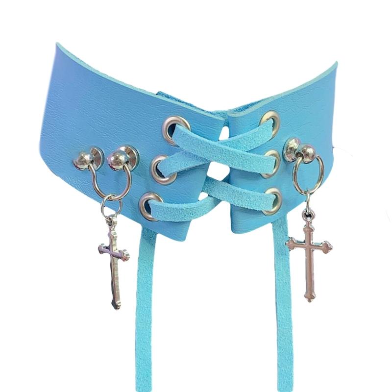 Goth Cross Choker Necklace for Women Punk Crucifix Collar Neckband Halloween Costume Jewelry Leather Choker Necklace 1 синий