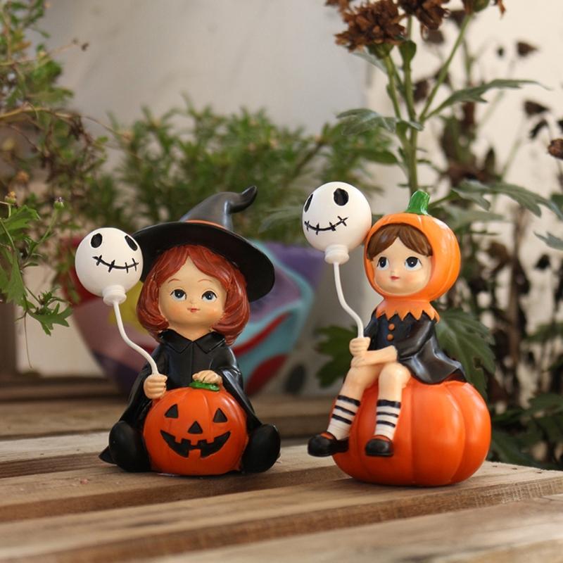2Pcs Halloween Decors Handcrafted Witch Holding Ghostly Balloon Resins Figurines Ornaments For Home Festives Display