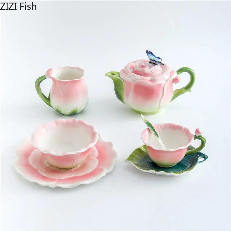 European Creative Flower Mug Couples Afternoon Tea Ceramic Coffee Cup Set Office Kungfu Tea Set Home Drinking Set Friend Gift