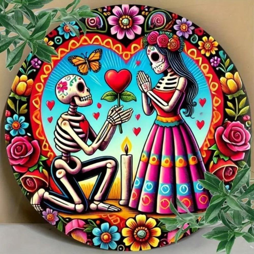 Metal Gothic Skull Couple Wall Art 8x8 Inch Aluminum Ivory Frame Halloween Decor