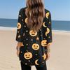 Womens Tops V-neck 3/4 Sleeve Blouses Casual Mid-length Shirts Fashion Halloween Print Tunic Tops With Pockets