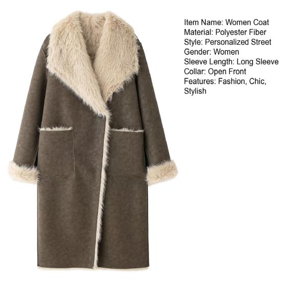 Faux Fur Long Trench Coat for Women Reversible Fuzzy Fleece Sherpa Lined Jackets Winter Furry Trimmed Casual Overcoat