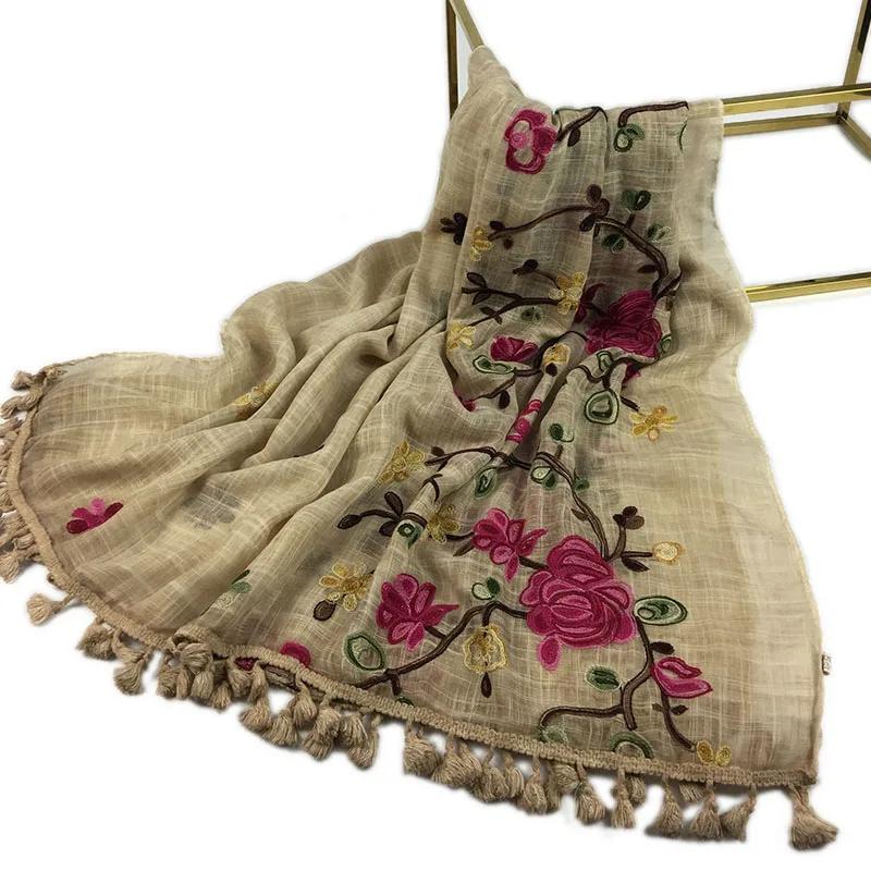 Embroidered Tassel Cotton Hijab for Muslim Women Scarf Floral Shawl Tassel Scarves Woman Large Hijabs Tie-dye Vintage Headscarf