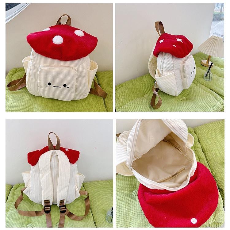 Cute Corduroy Mushroom Backpack Kawaii Cartoon Mini Backpack Soft Stuffed School Bag Travel Daypack Gift for Girls Kids Women