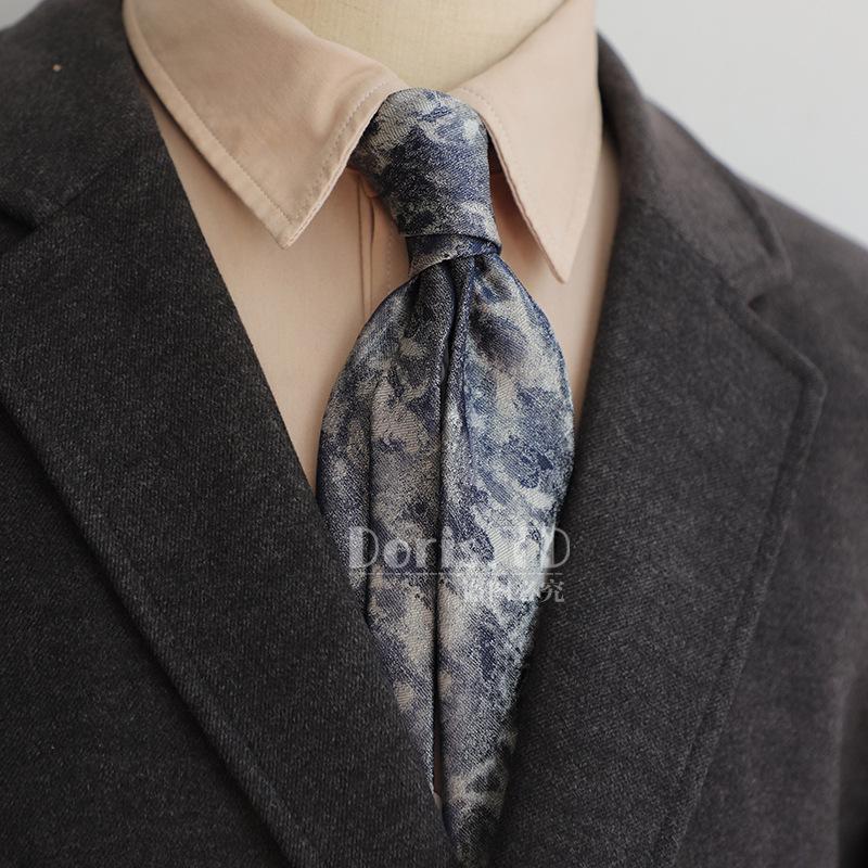 Retro Korean Style 8CM Navy Green Brown Pattern Men's Suit Tie
