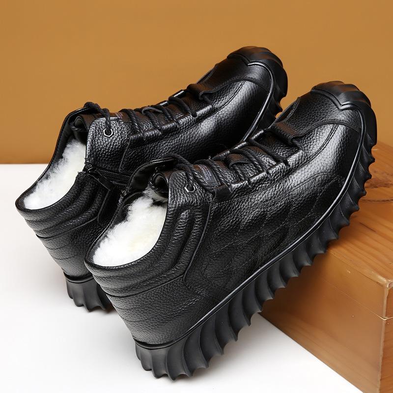 Herren-High-Top-Schuhe aus Rindsleder der ersten Schicht, Winter-Samt verdickt warmes Fell integriert, lässige Baumwollschuhe, rutschfeste Papa-Baumwollstiefel