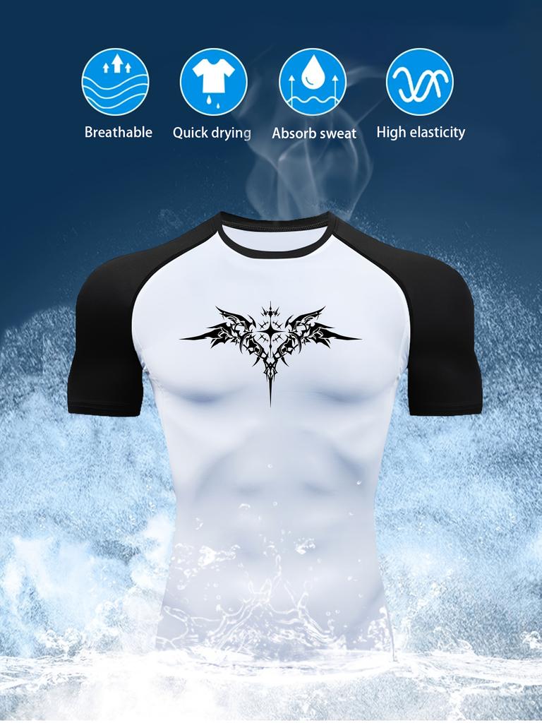 Men's Dark Tribal Tattoo Cross Compression T-Shirt Absorb Sweat for Gym Running Fitness Training