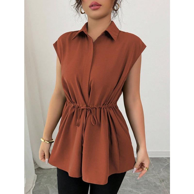 

JKASHDK Жіночі модні повсякденні літні весняні одноколірні блузки та сорочки з коротким рукавом і коротким принтом XXL коричневий