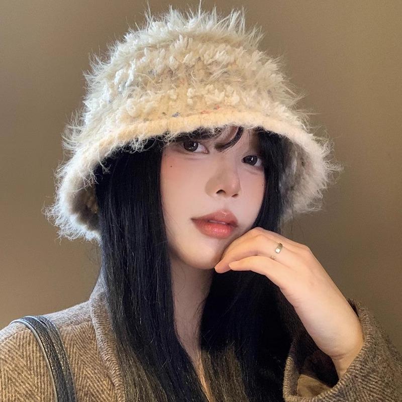 Sweet long brushed mohair knitted hat women's autumn and winter warm colored beanie striped plush fisherman hat
