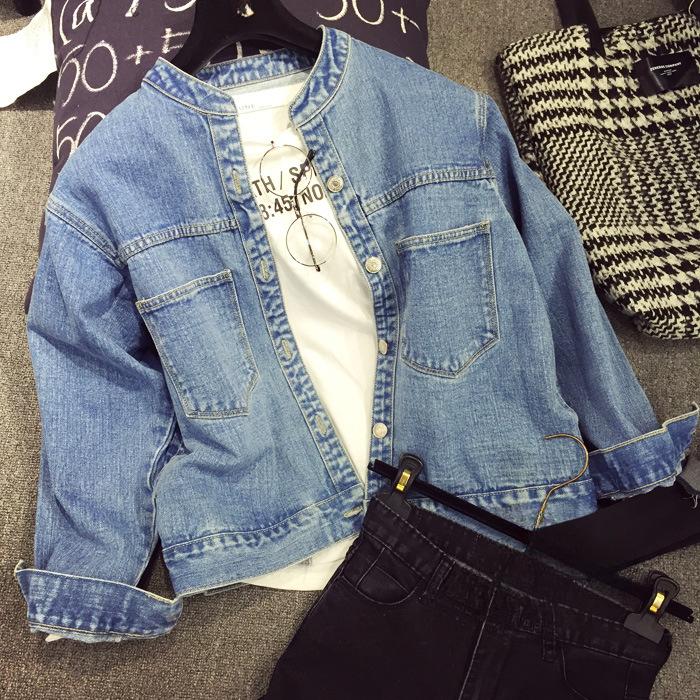 Denim Jacket Women's Loose Autumn Retro Stand-up Collar Big Pocket Student Korean Short Denim Jacket