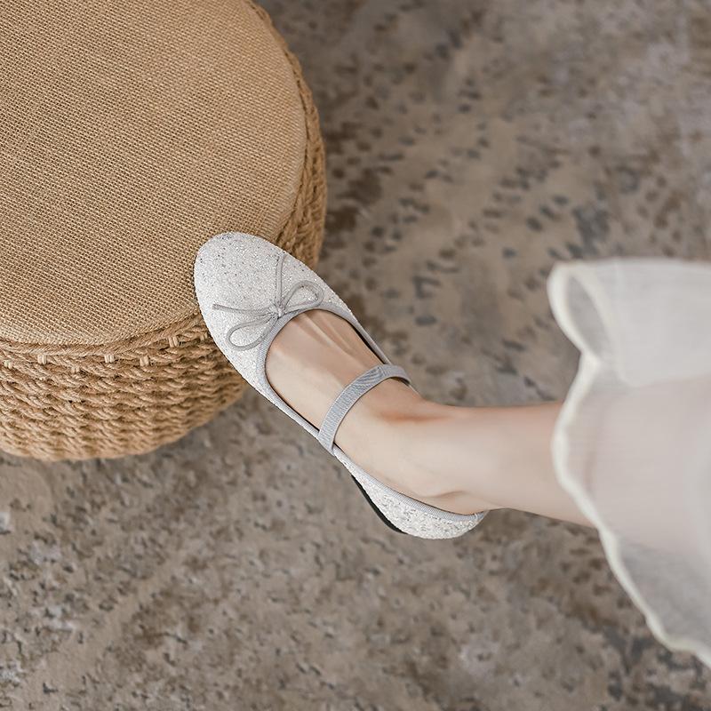 Fashion Round Toe Silver Glitter Flat Shoes Woman Elastic Band Bowtie Ballet Flats Bling Bling Flat Heel Mocasines Women Slip On Loafers
