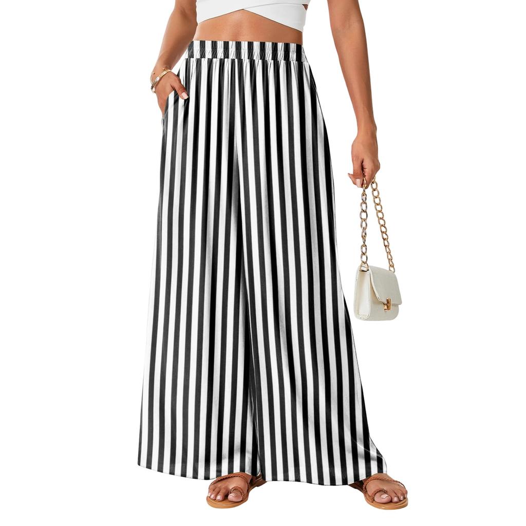 Women High Waist Wide Leg Pants Elastic Waistband Plaid Print Loose Fit Trousers with Pockets Casual Relaxed Style for Daily Wear
