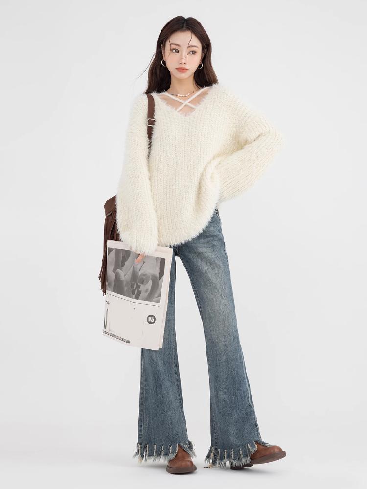 Zimowy sweter z dekoltem w serek dla kobiet Delikatne paski Luźny Słodki Leniwy Styl Pulower Dzianina Irregularny Japoński Styl Moda Dzianinowy Top