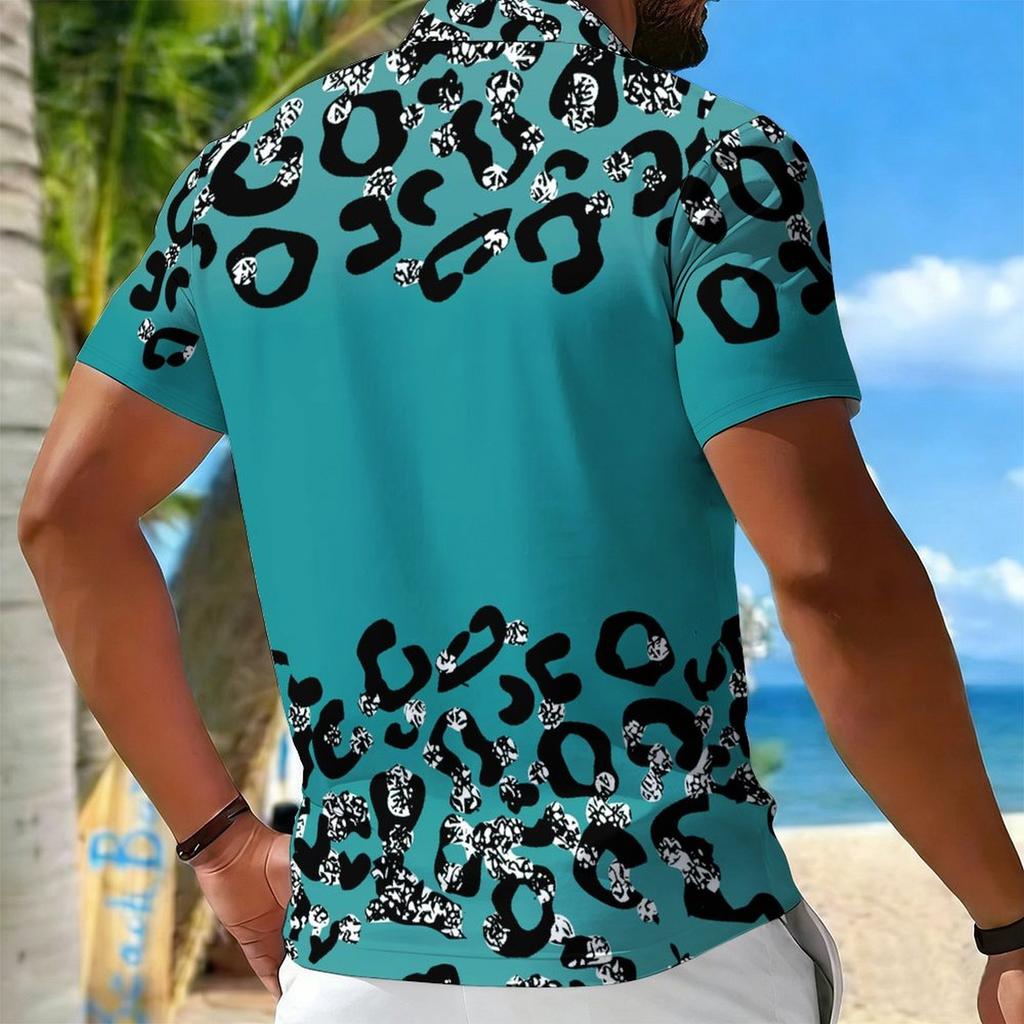 Women Short Sleeve Polo Shirt Blue Black White Ocean Camouflage Print Half Zip Lapel Top