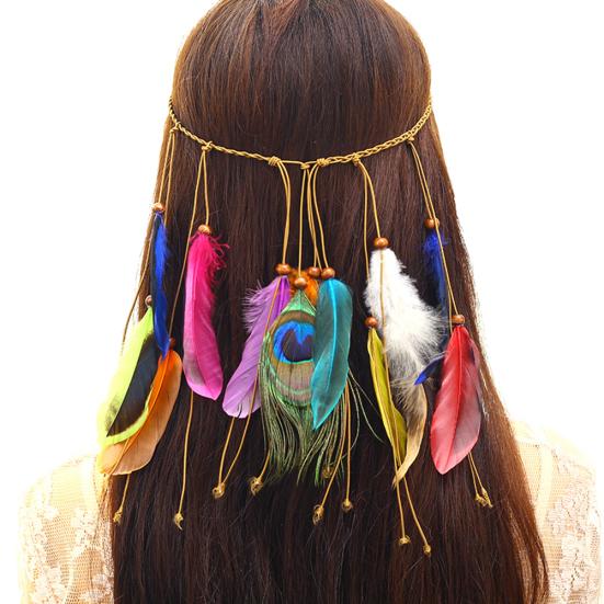 Bohemian Women Peacock Feather Headband Braided Rope Hair Band Hippie Headdress
